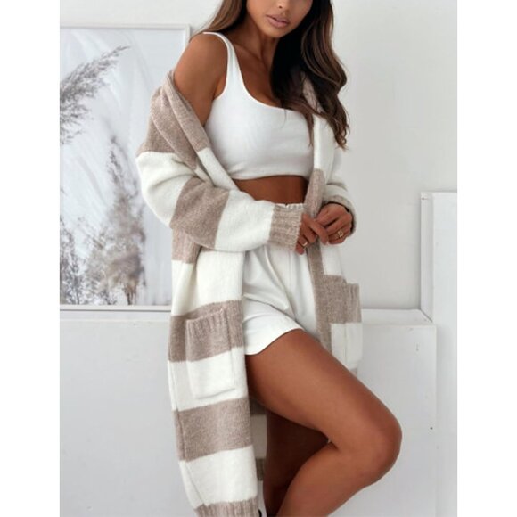 Women's Knit Cardigan Contrasting Color Stripes Open Front Pockets - Picture 3 of 3